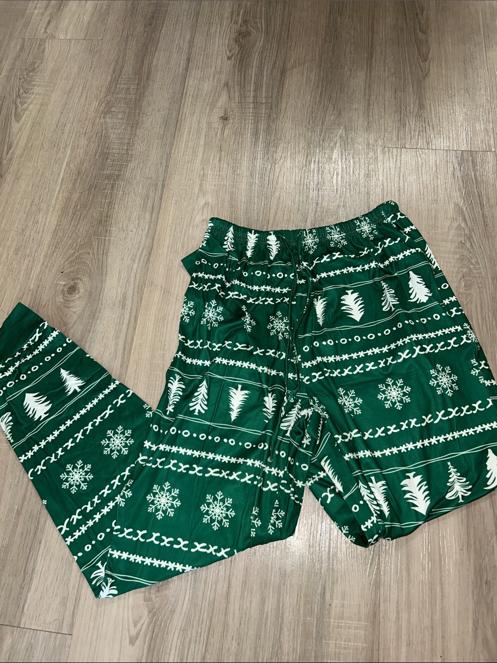Green Holiday Pajama Pants with White Tree & Snowflake Print